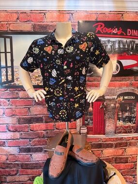 Men's Black Short-Sleeve Button-Down Shirt with Colorful Graphic Print